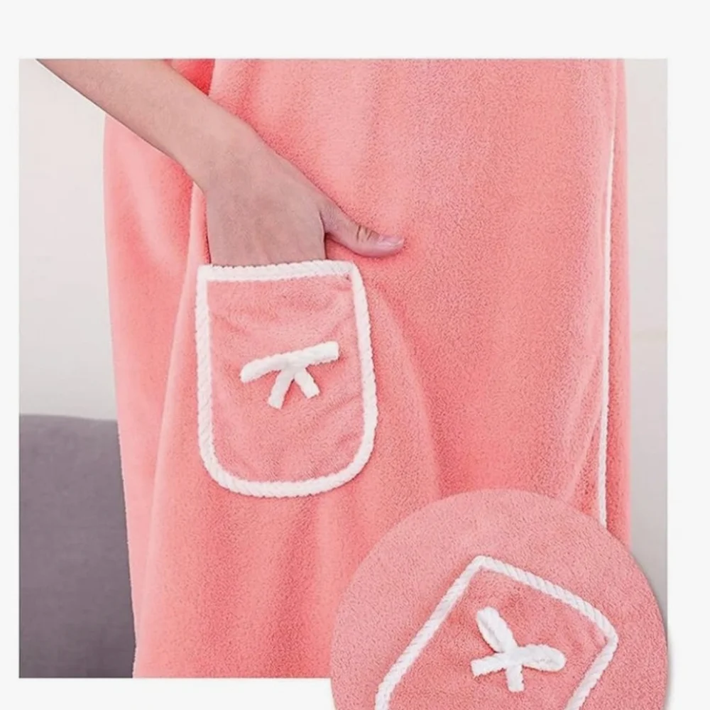 Wearable Towel Pink Towel Dress with Pocket Bow Design Coral Slim Fit
